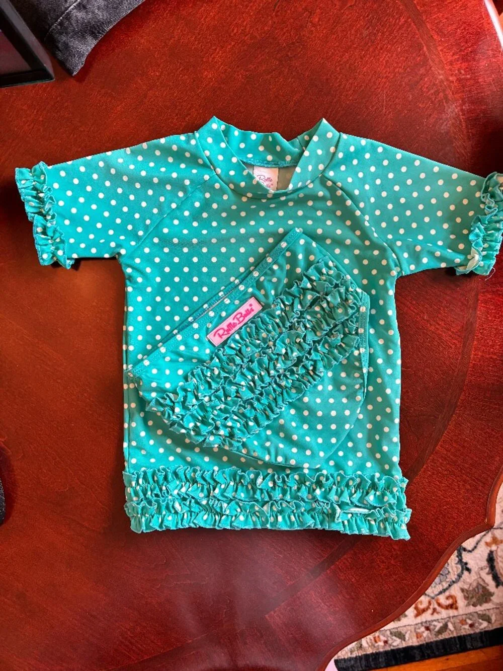 RuffleButts Girls Aqua Polka Dot Rash Guard 2PC Swimsuit Set Size 5 5T